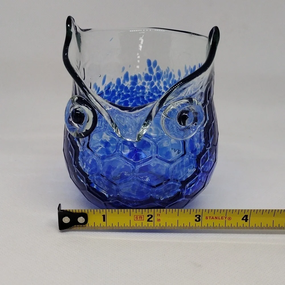 Vintage Cracker Barrel Clear and Cobalt Blue Splatter Art‎ Glass Owl Vase